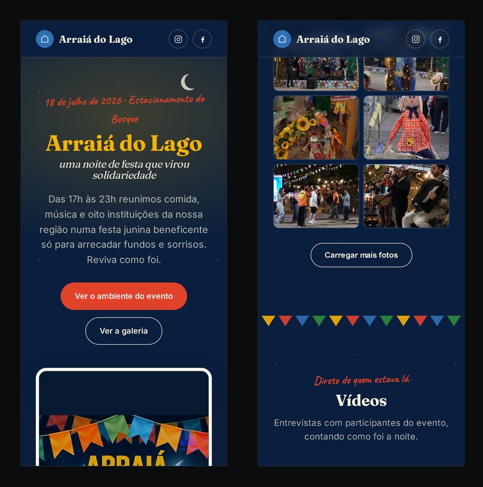 Duas telas de celular do site do Arraiá do Lago: a abertura com data e local, e a grade de fotos da galeria