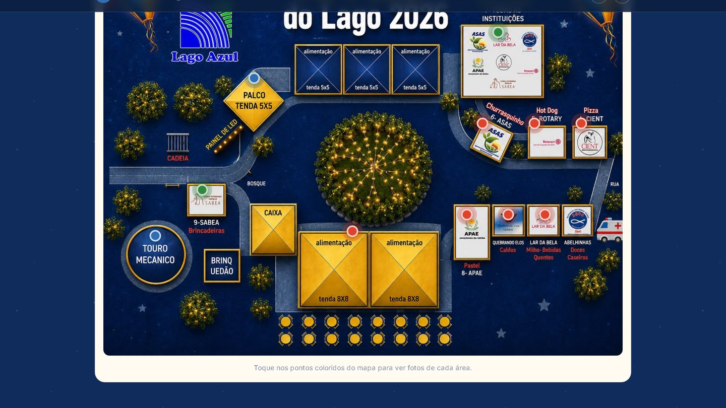 Mapa interativo do evento visto de cima, com palco, barracas nomeadas por instituição, brinquedos e áreas de alimentação posicionados