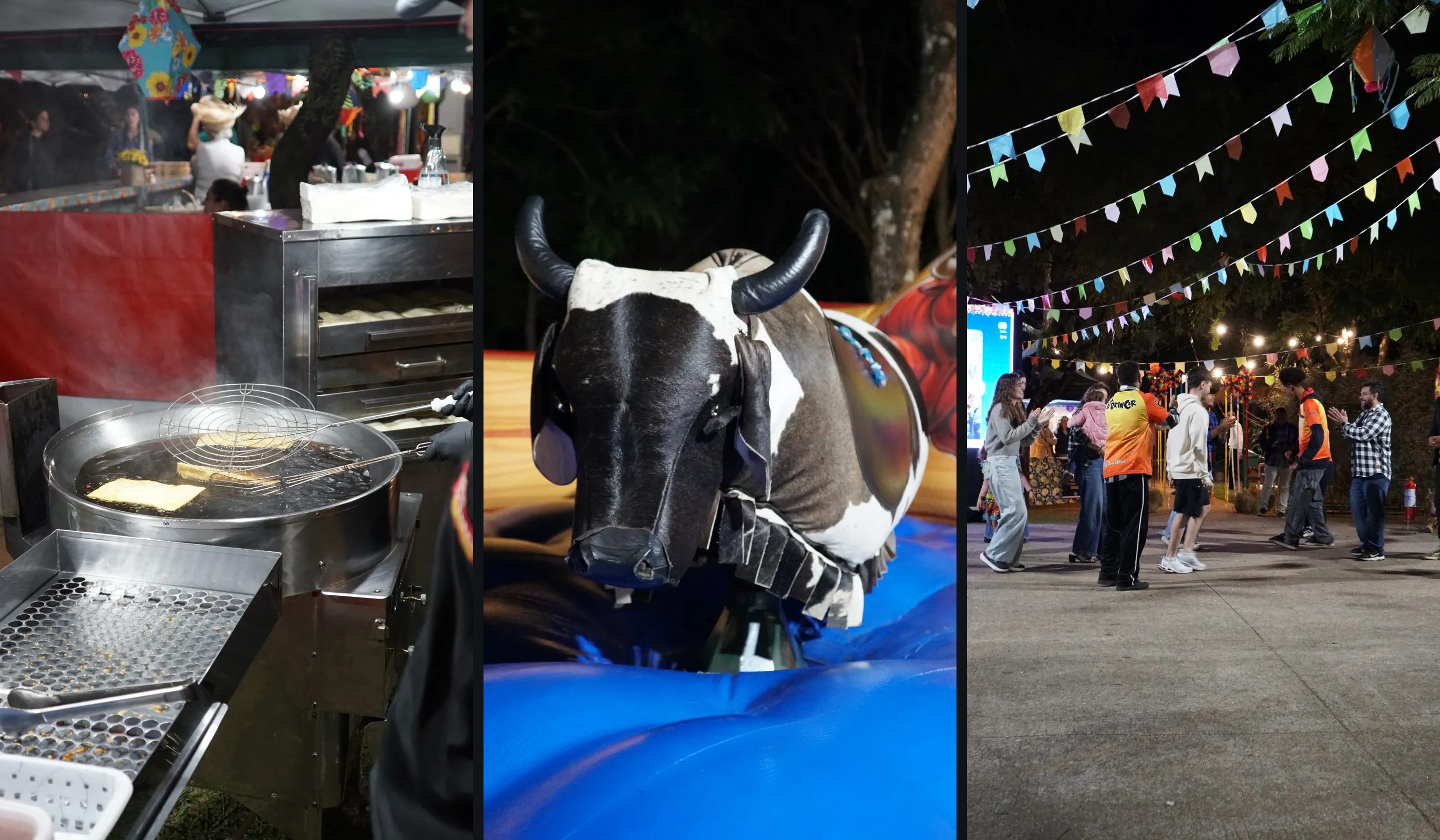 Três fotografias verticais da mesma festa junina: pastéis fritando no tacho de óleo da barraca, um touro mecânico montado sobre a base inflável e um grupo dançando e batendo palmas sob as bandeirinhas