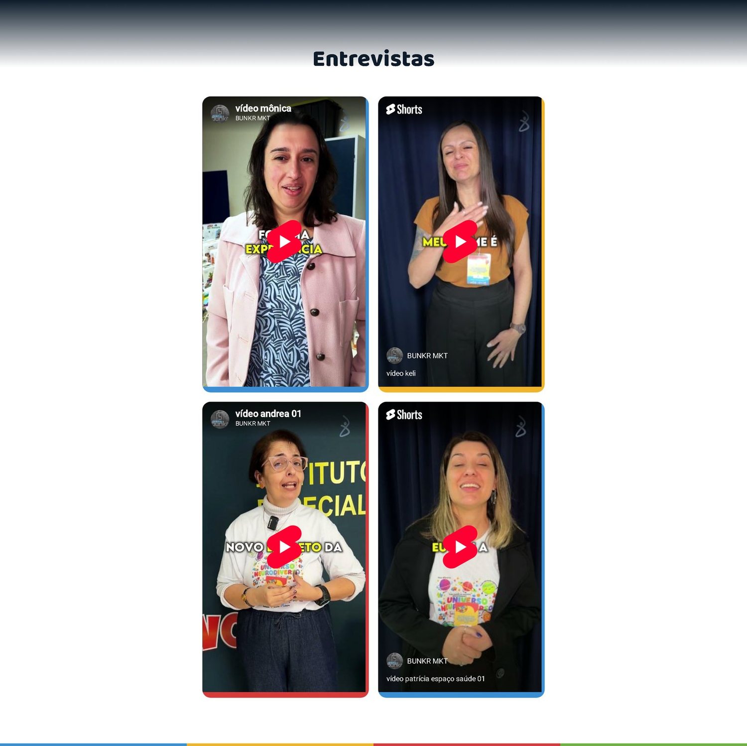 Seção de entrevistas do hotsite do evento Autismo na Prática, com quatro vídeos verticais embutidos lado a lado, cada um com botão de play e o nome do arquivo abaixo