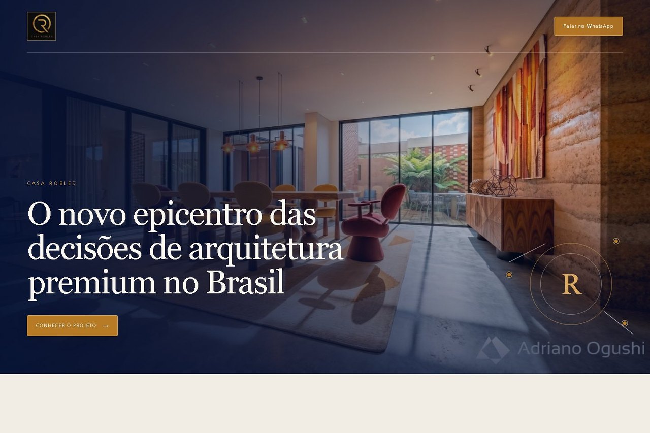Página de abertura do site da Casa Robles, com fotografia de um ambiente de arquitetura premium