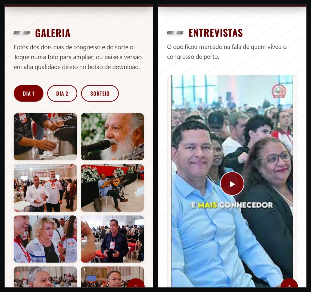 Duas telas de celular do site do congresso: a galeria em duas colunas com os filtros Dia 1, Dia 2 e Sorteio, e a primeira entrevista em vídeo vertical