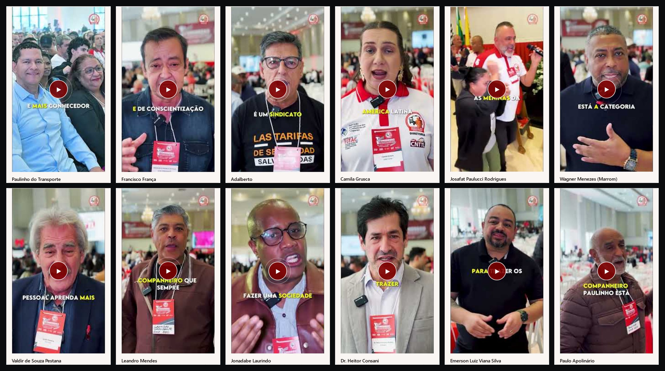 Seção de entrevistas do site do congresso: doze cartões em duas fileiras de seis, cada um com a capa do vídeo vertical e o nome de quem fala