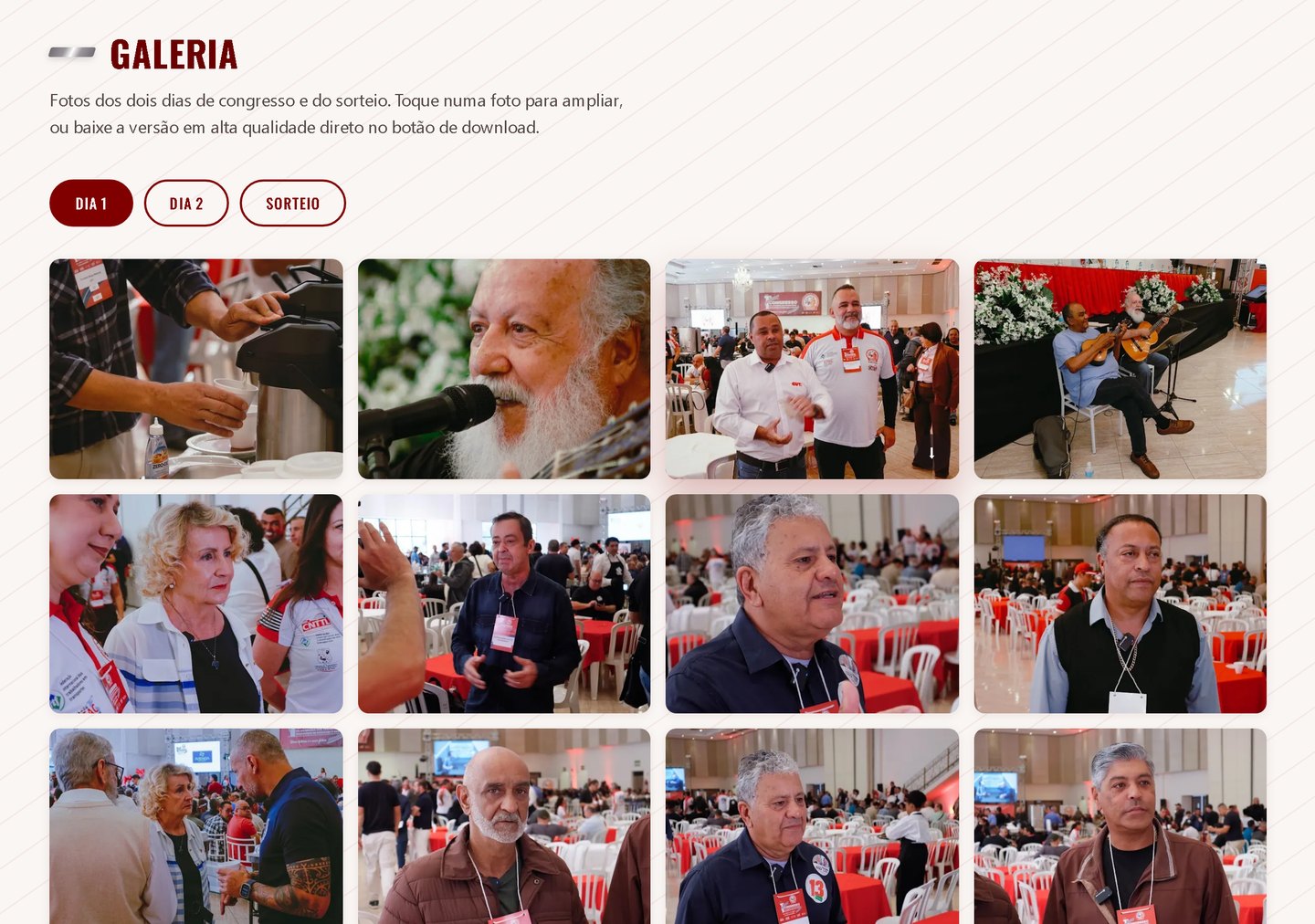 Topo da galeria do congresso: título, instrução para ampliar ou baixar em alta qualidade, filtros Dia 1, Dia 2 e Sorteio e três fileiras de fotos