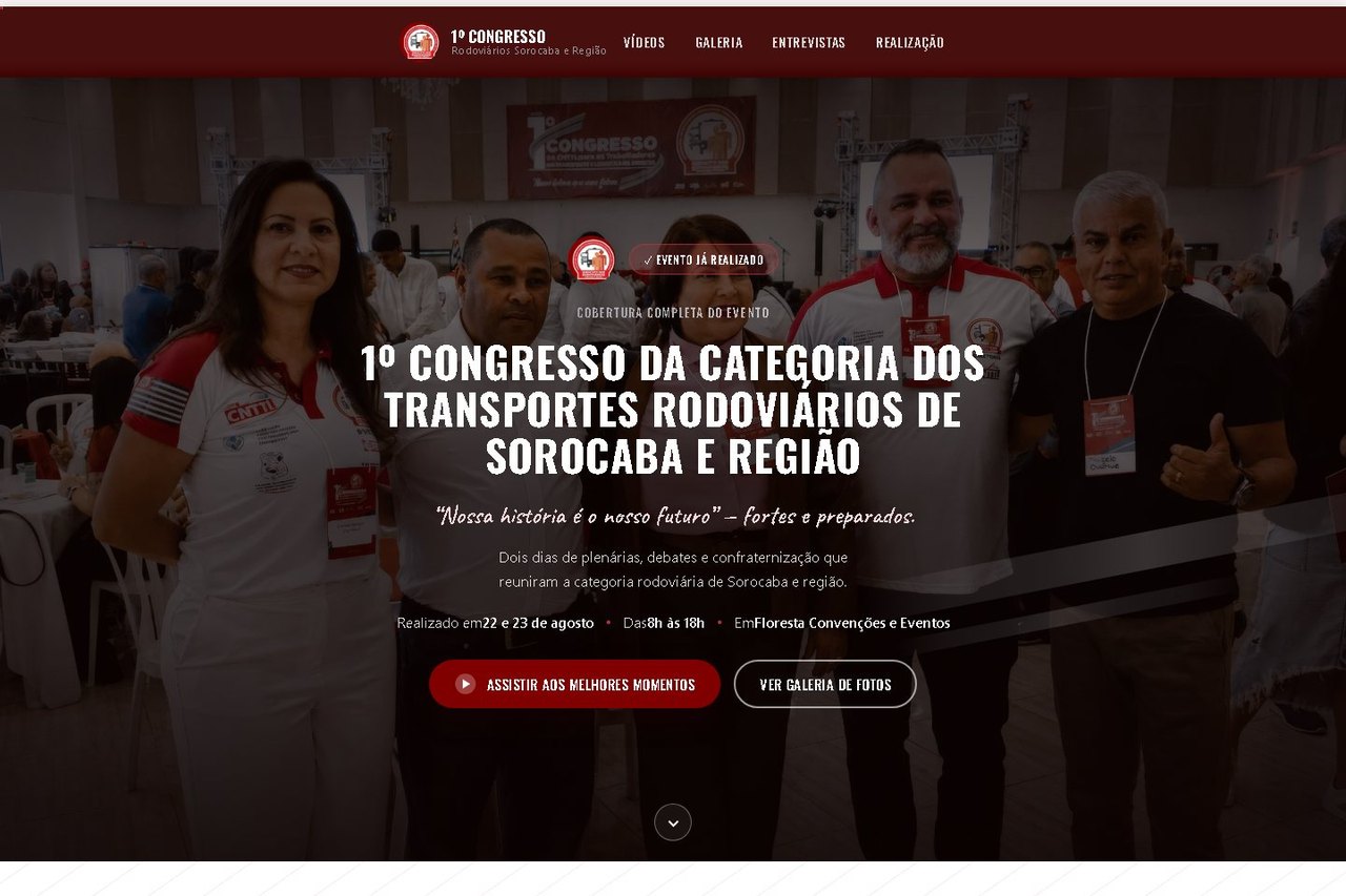 Página do 1º Congresso dos Rodoviários, com data, local e acesso à galeria de fotos do evento