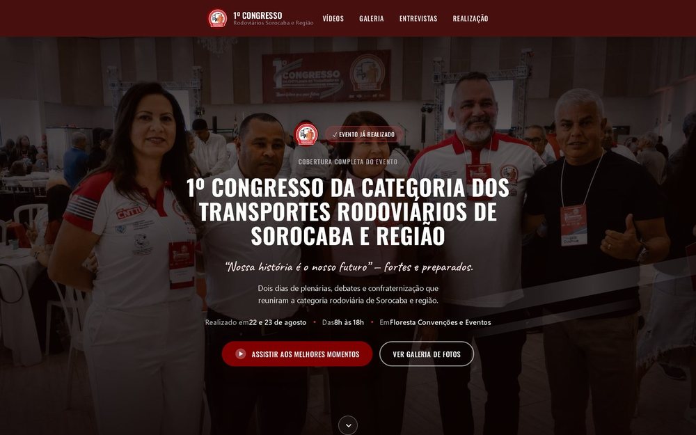 Abertura do site do congresso, com o nome do evento, o lema e os acessos à galeria e aos vídeos