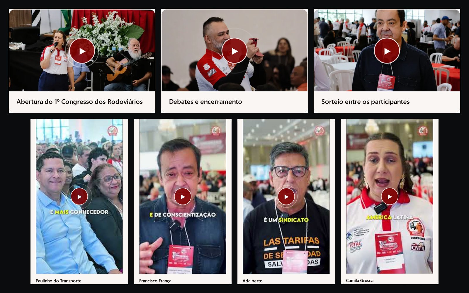 Vídeos do site do congresso: em cima, as capas dos três melhores momentos com os títulos; embaixo, quatro capas verticais de entrevista
