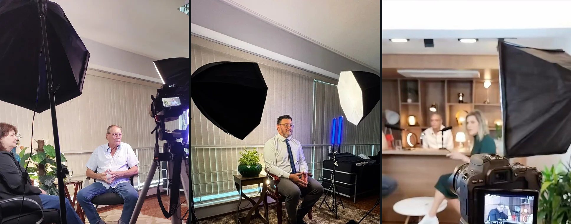 Três registros de gravação lado a lado: entrevista com softbox e câmera no tripé, entrevistado sentado entre dois softboxes e set de podcast visto por trás da câmera