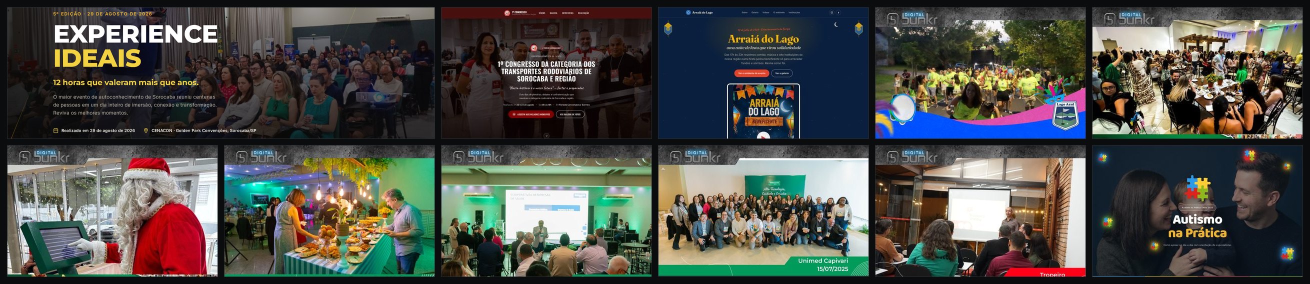 Onze capas de cobertura de evento em duas fileiras, com telas de sites de evento e fotos das próprias coberturas; a mais recente em destaque, ocupando duas colunas