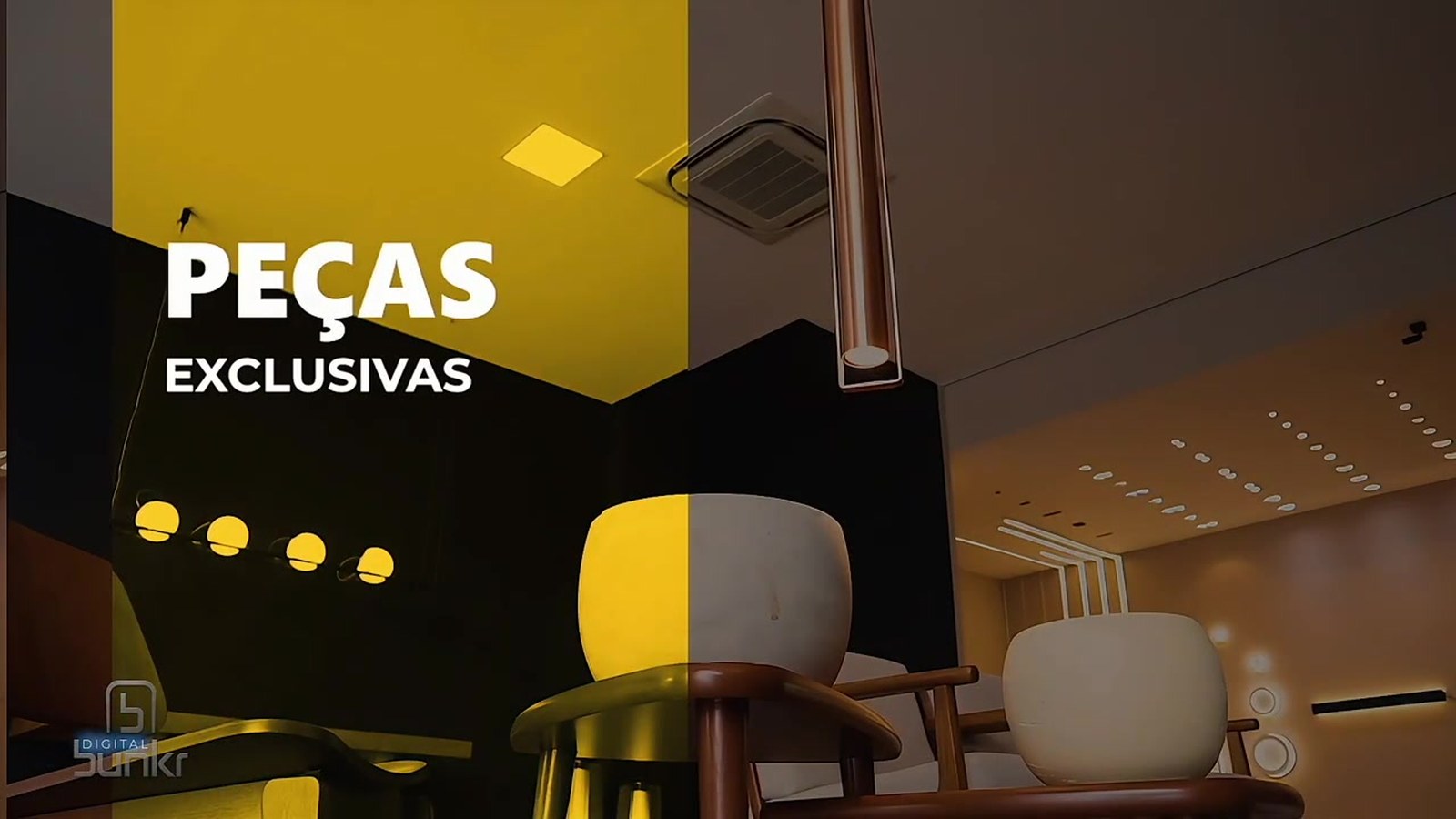 Quadro de filme de produto de iluminação: showroom com luminárias acesas e a cartela “Peças exclusivas” em tela