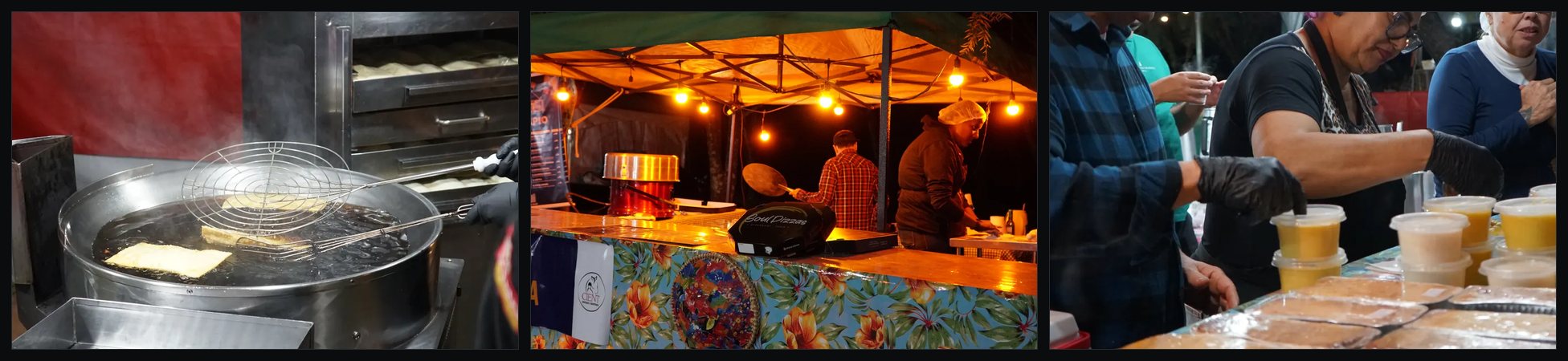 Três fotos das barracas de comida do Arraiá do Lago: pastel fritando no tacho, a barraca de pizza iluminada com a máquina de algodão-doce ao lado, e as mãos de quem serve enchendo potes no balcão