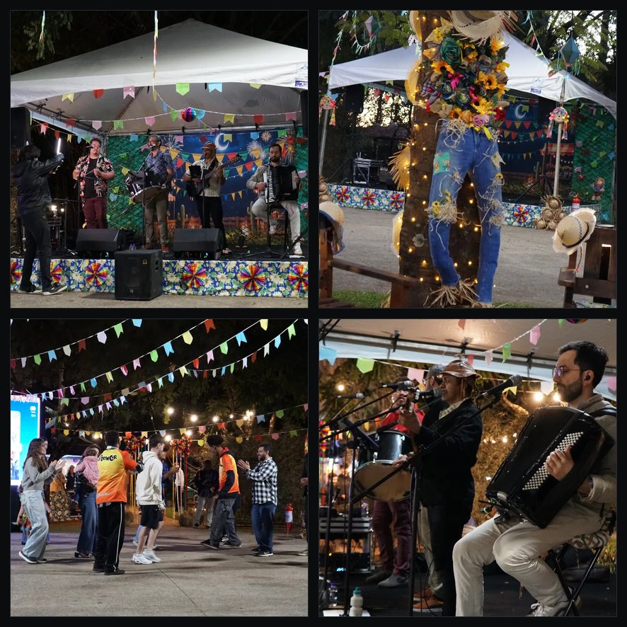 Quatro fotos de uma festa junina à noite: banda tocando no palco sob a tenda, espantalho decorado com flores e chapéus, público dançando sob as bandeirinhas e dupla ao microfone com sanfona