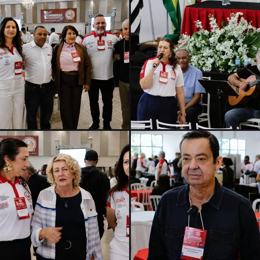 Quatro fotos do 1º Congresso dos Rodoviários: um grupo posando diante do banner do evento, uma mulher ao microfone ao lado de um arranjo de flores com um violonista sentado, uma conversa no plenário e um participante com credencial