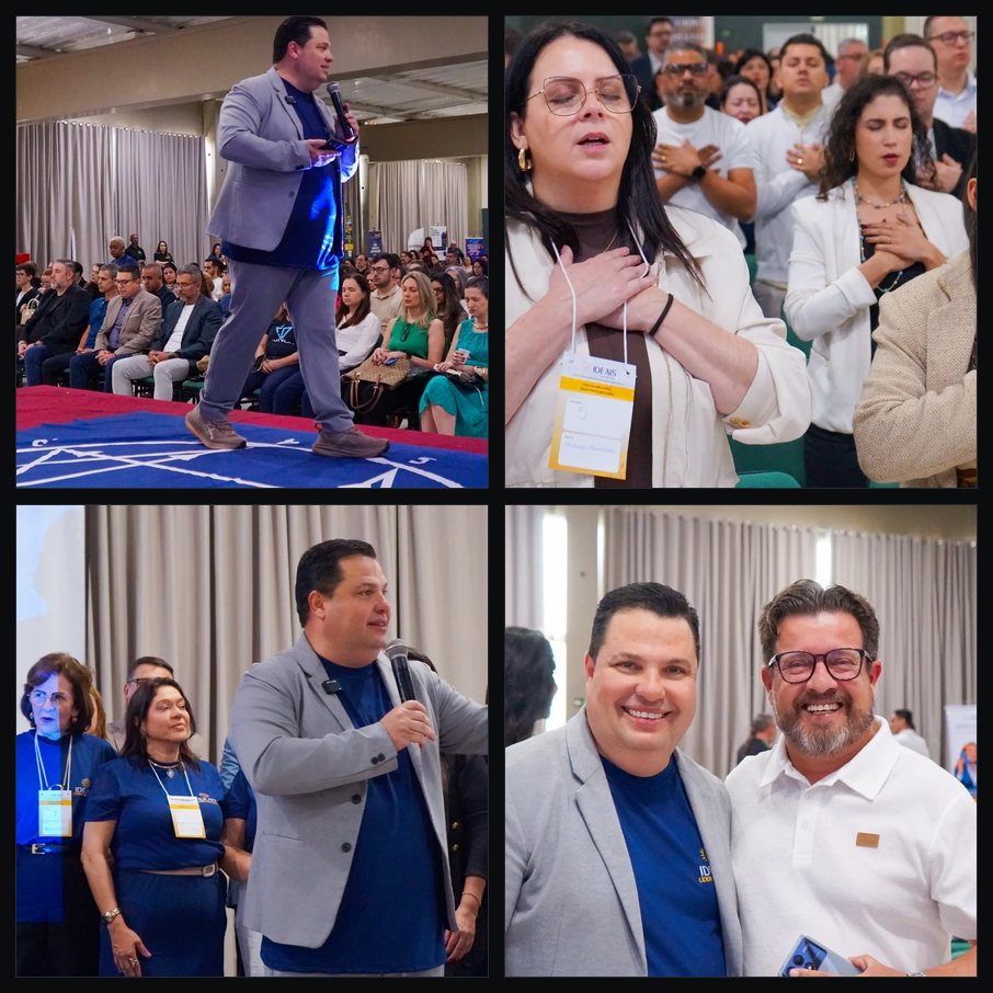 Quatro fotos do eXperience Ideais 2026: um palestrante no palco de tapete azul com a plateia cheia ao fundo, a plateia de pé com as mãos no peito e os olhos fechados, o palestrante falando ao microfone diante da equipe de camiseta azul e dois participantes sorrindo para a câmera