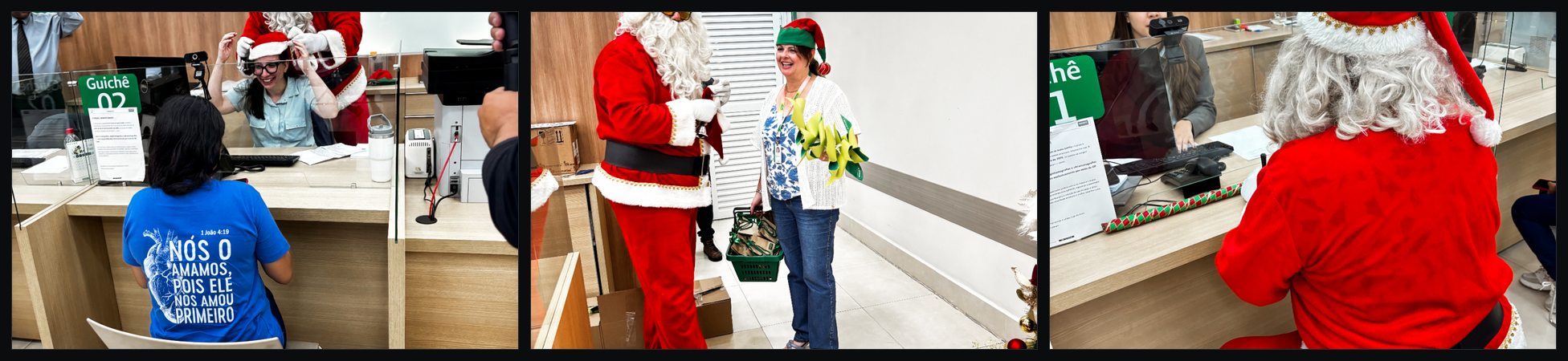 Três fotos da ação de Natal em horário de atendimento: o guichê aberto, a lembrança sendo entregue e a recepção trabalhando