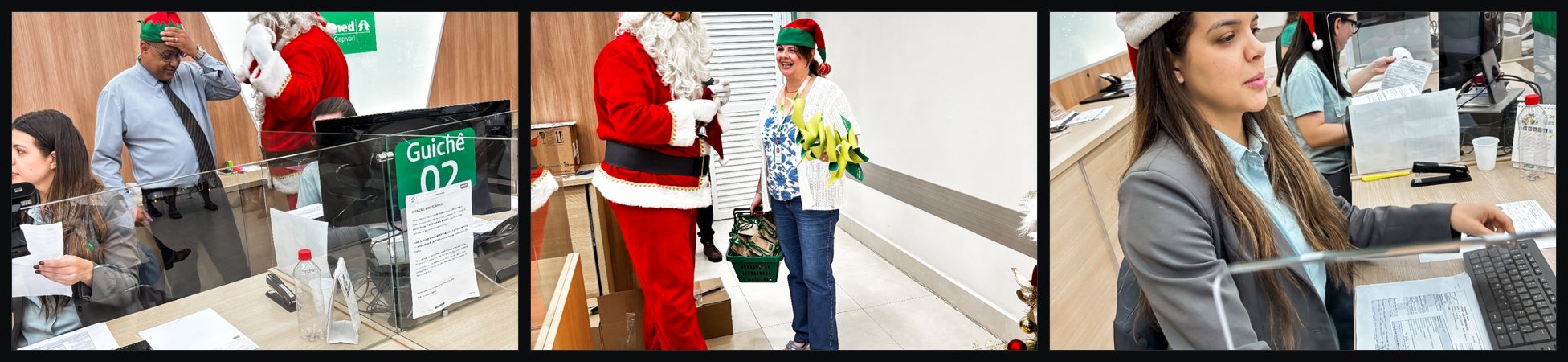 Três fotos do Natal na Unimed Capivari: Papai Noel no guichê 02 ao lado de um colaborador de gorro de elfo, Papai Noel no corredor com uma mulher de gorro de elfo que carrega uma cesta e laços verdes, e uma atendente de gorro de Natal na recepção