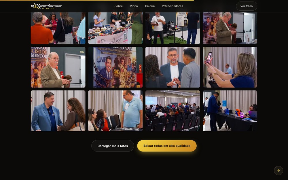 Parte de baixo da galeria da página: fileiras de fotos da cobertura e, abaixo, os botões Carregar mais fotos e Baixar todas em alta qualidade
