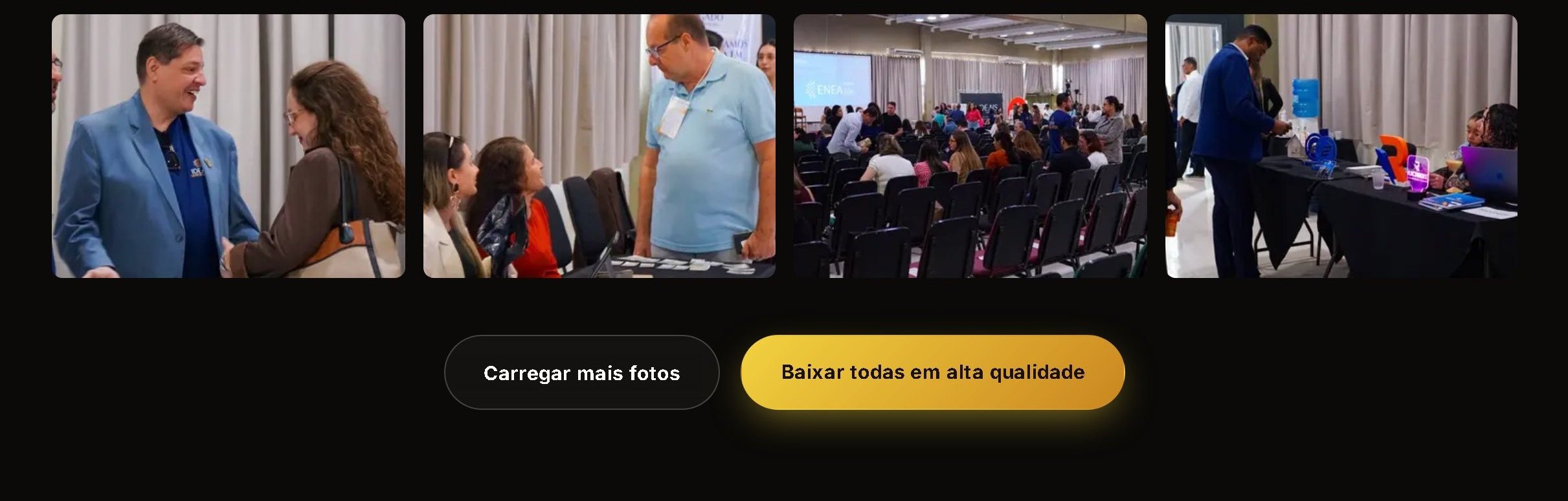 Fileira de quatro fotos da galeria do eXperience Ideais 2026 — conversas no salão, atendimento em uma mesa, a plateia se acomodando e uma mesa de expositor — com os botões Carregar mais fotos e Baixar todas em alta qualidade logo abaixo