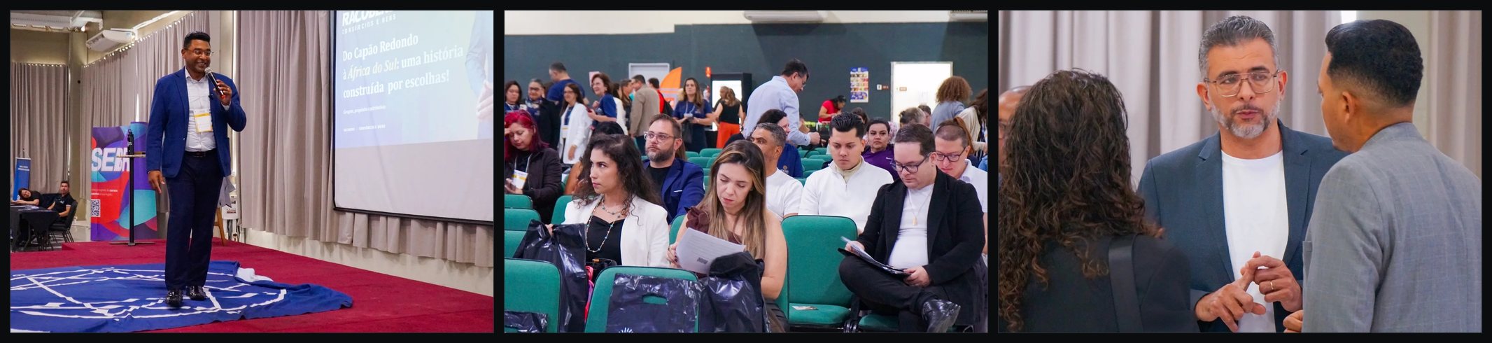Três fotos lado a lado: palestrante de blazer azul ao microfone no palco, ao lado do telão; participantes sentados nas cadeiras verdes, lendo o material do evento; e uma conversa entre participantes no salão