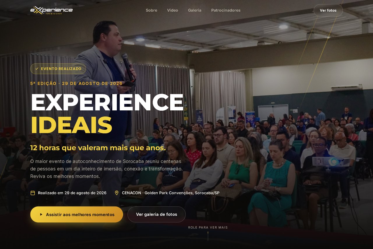 Abertura do hotsite do eXperience Ideais 2026: palestrante com microfone diante da plateia sentada, a chamada 5ª edição · 29 de agosto de 2026, o local e os botões de vídeo e galeria