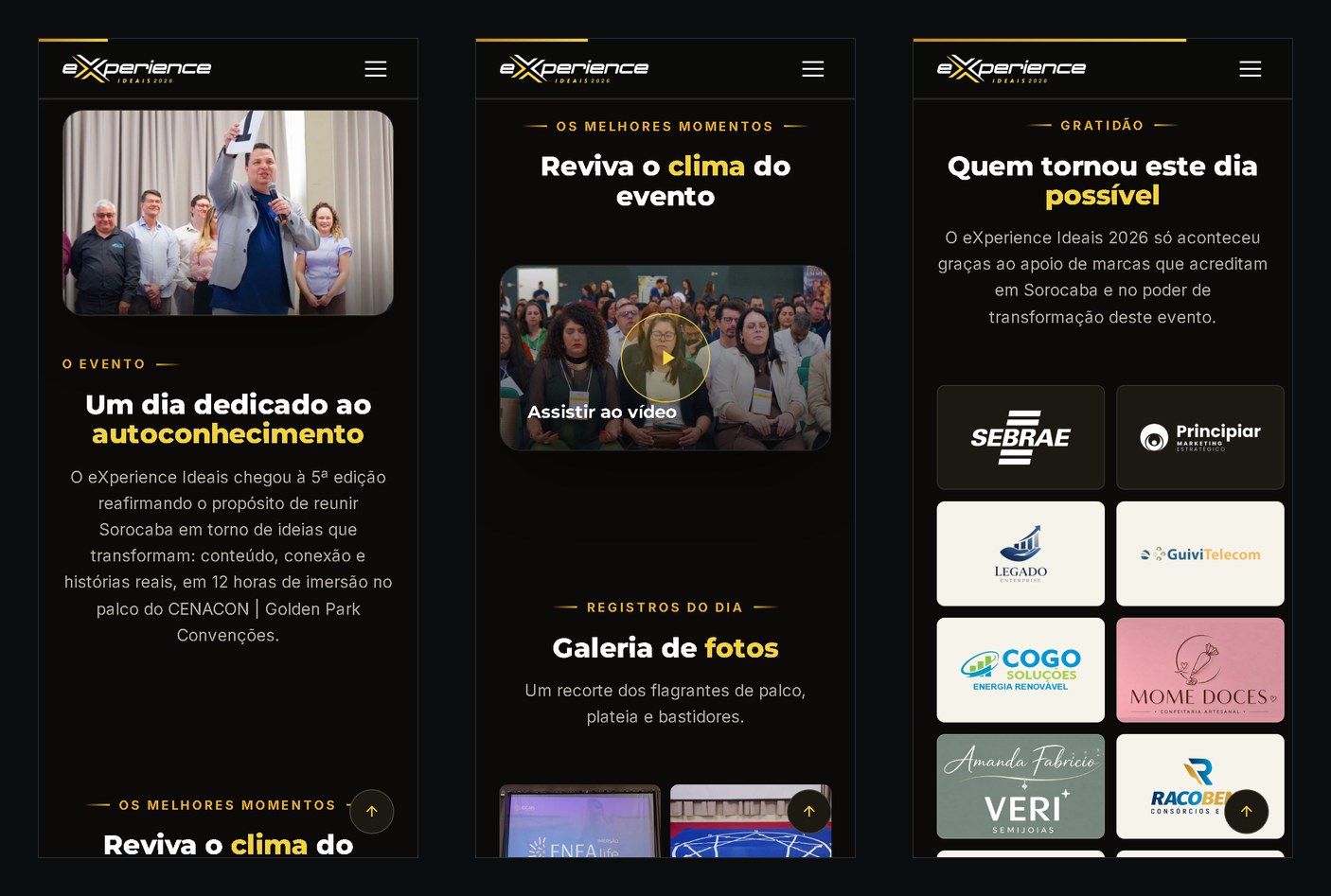 Três telas de celular da página: a seção O evento, com a foto do palestrante ao microfone erguendo um cartão, com um grupo de pessoas de pé atrás dele; a seção do vídeo, com a capa da plateia de olhos fechados; e o começo da grade de patrocinadores em duas colunas