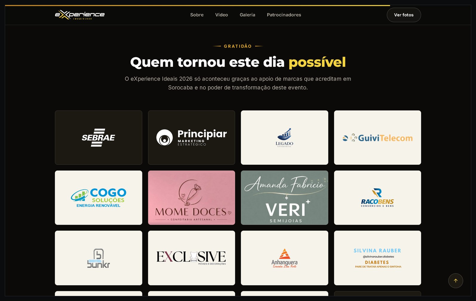 Grade de patrocinadores da página no computador, sob o título Quem tornou este dia possível: cartões de logo em quatro colunas, uns de fundo claro, outros de fundo escuro e outros com a arte ocupando o cartão inteiro