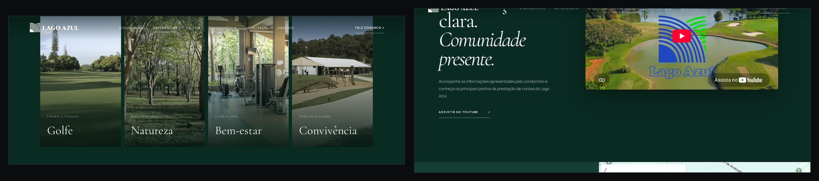 À esquerda, quatro blocos de estrutura com foto e legenda; à direita, a área de transparência com um vídeo de prestação de contas embutido