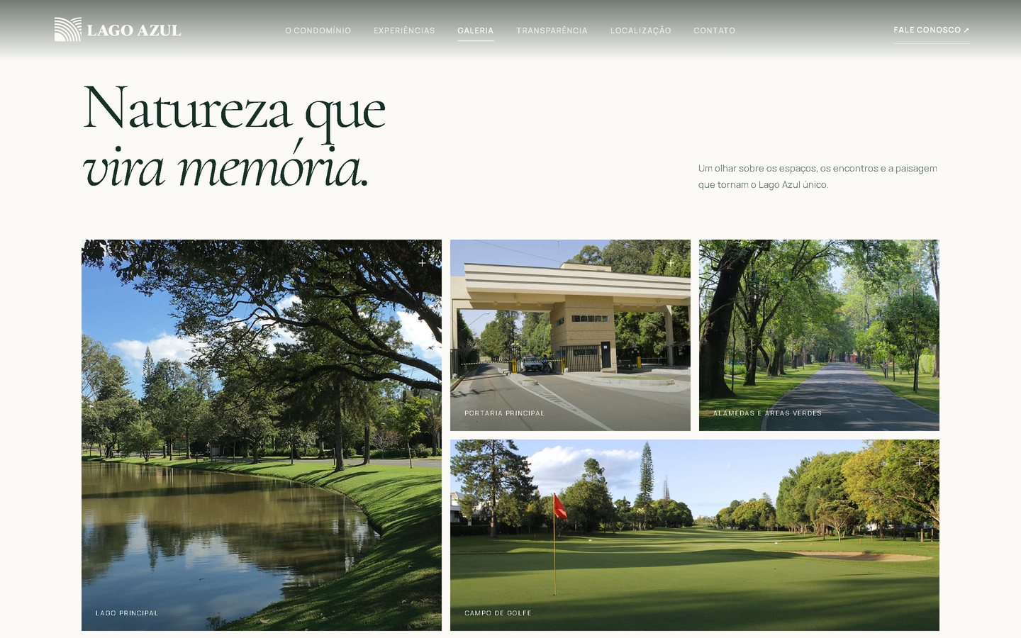 Galeria do site do Condomínio Fazenda Lago Azul, com quatro fotos legendadas e o sinal de mais no canto de cada uma