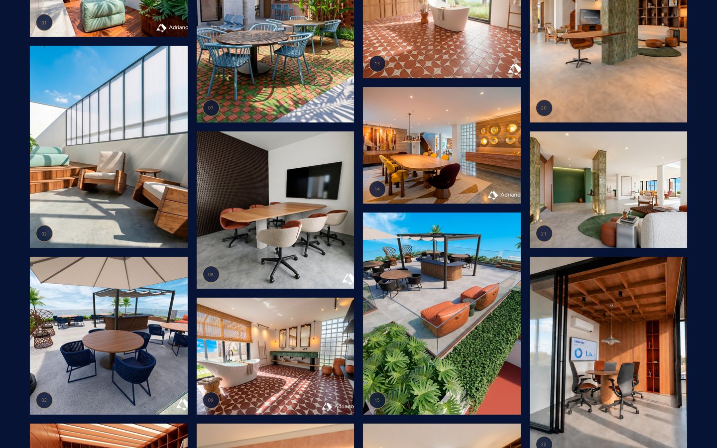 Galeria em mosaico do hub Casa Robles sobre fundo azul-escuro, com cards numerados de alturas e larguras diferentes