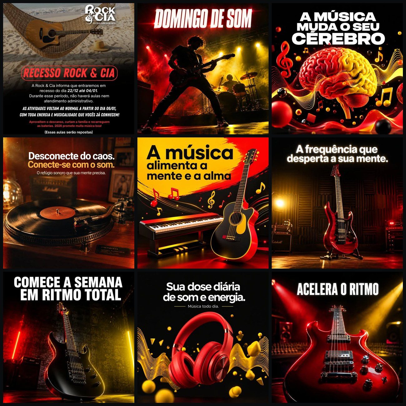 Grade de nove publicações do perfil da Rock & Cia, todas na mesma linha editorial de música e mente