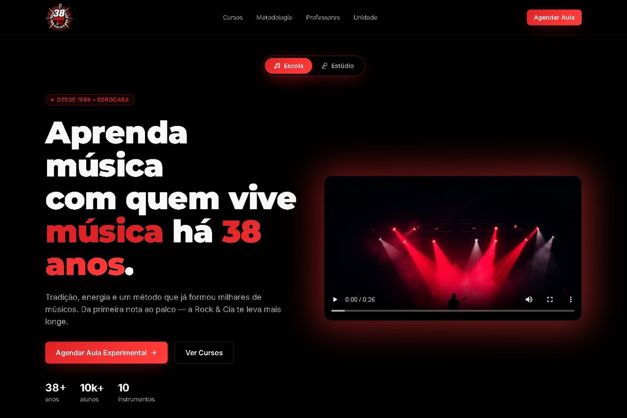 Tela inicial do site da escola de música e estúdio Rock & Cia