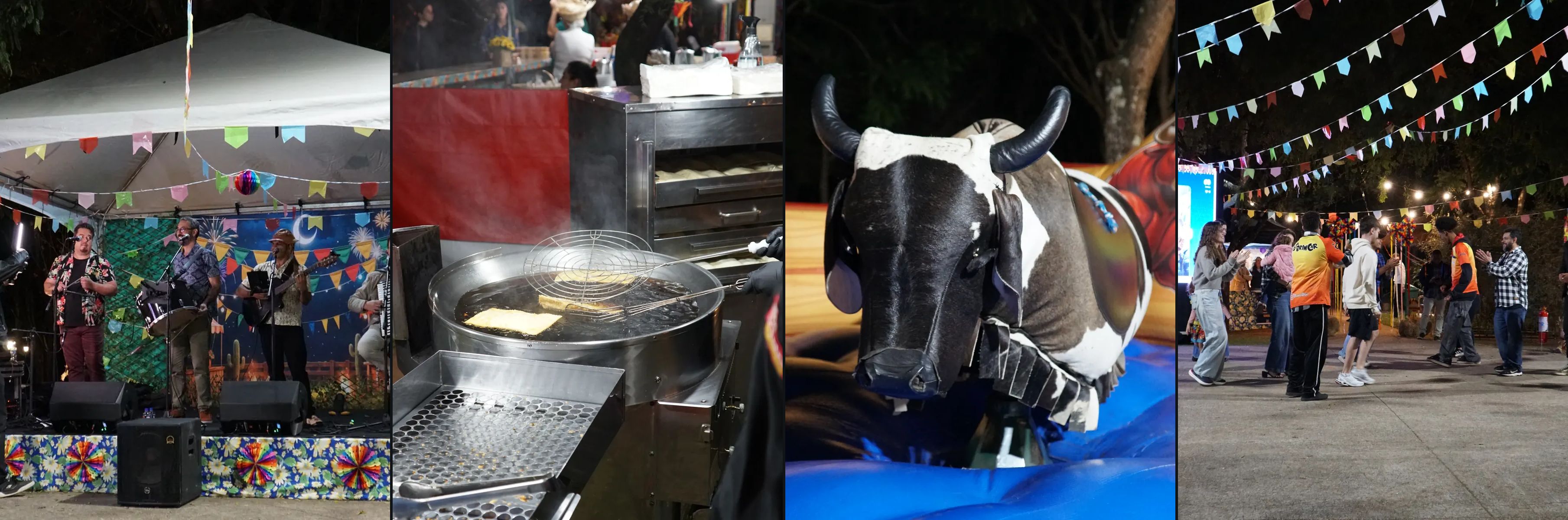 Quatro fotografias de uma mesma festa noturna: o palco com a banda tocando sob a tenda, pastéis fritando no tacho da barraca, o touro mecânico sobre o inflável e o público reunido no pátio sob as bandeirinhas