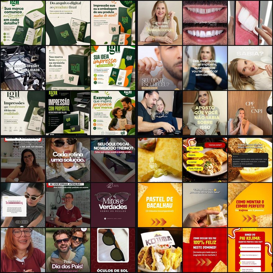 Quatro grades de nove publicações, uma de cada perfil sob gestão, cada uma com paleta, tipografia e assunto próprios