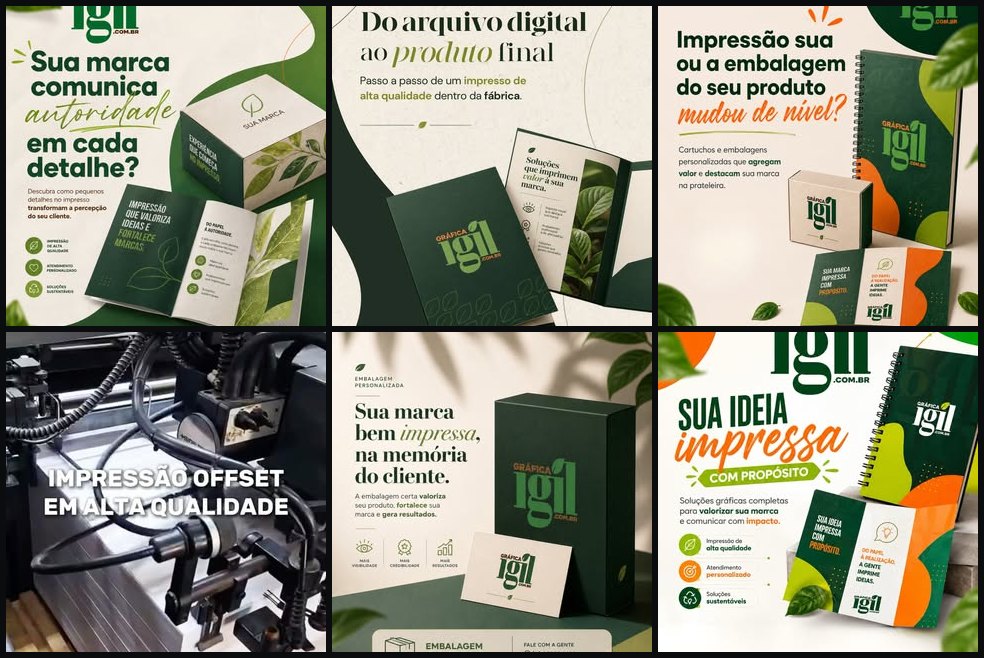 Seis publicações do mesmo perfil, em verde, branco e laranja, sobre impressão e embalagem