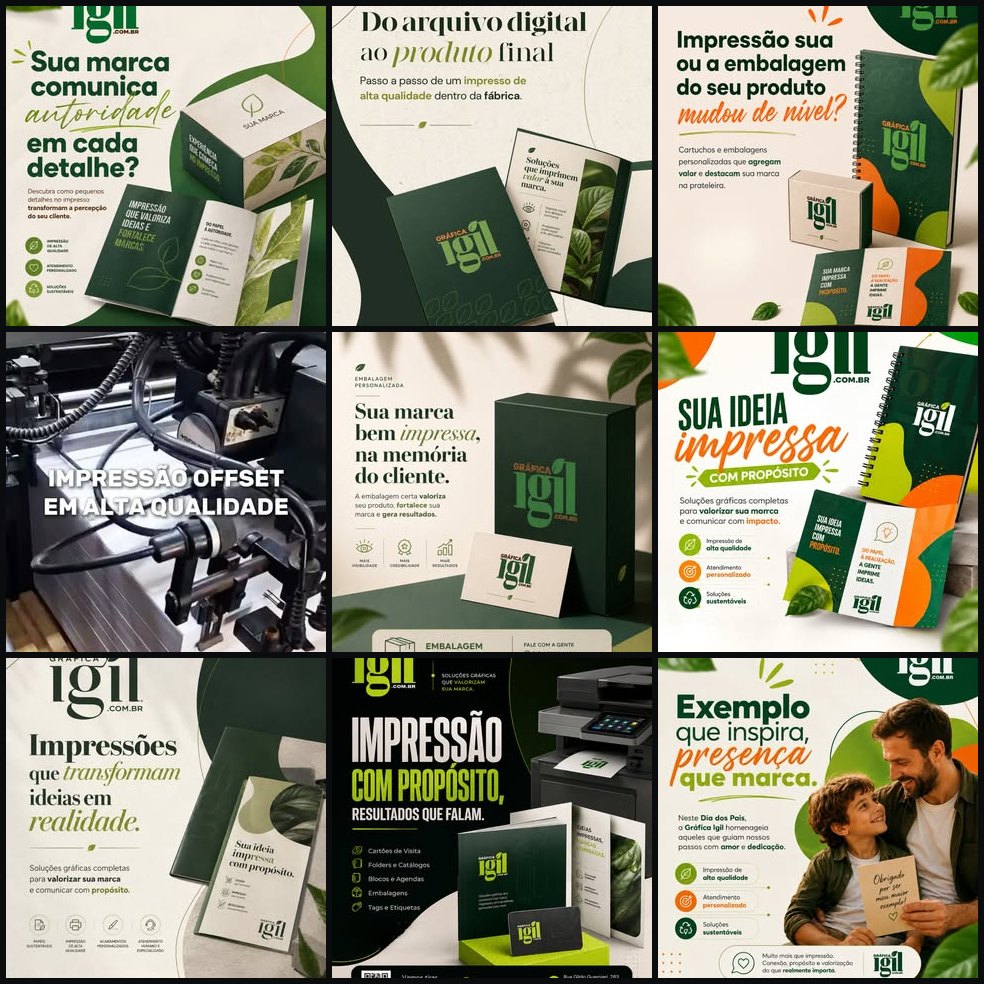 Grade de nove publicações do perfil de uma gráfica: paleta verde e branca, mockups de impresso e embalagem, com o mesmo eixo editorial em todas as peças
