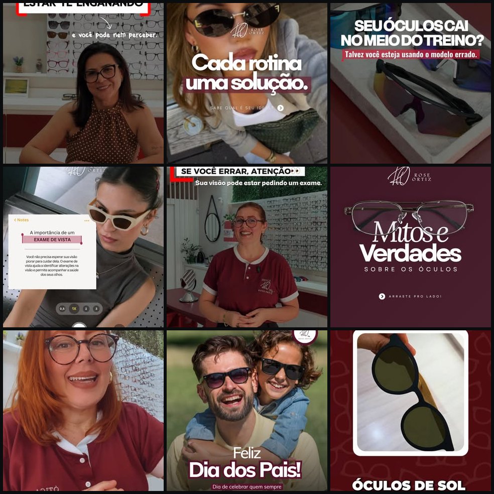 Grade de nove publicações de um perfil de ótica: paleta vinho e areia, com o produto sempre em primeiro plano