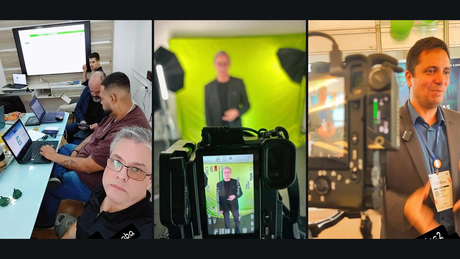 Três registros de produção lado a lado: a mesa de operação de uma transmissão ao vivo, uma gravação em fundo verde com o apresentador no monitor da câmera e uma entrevista em feira, com microfone de lapela e direcional