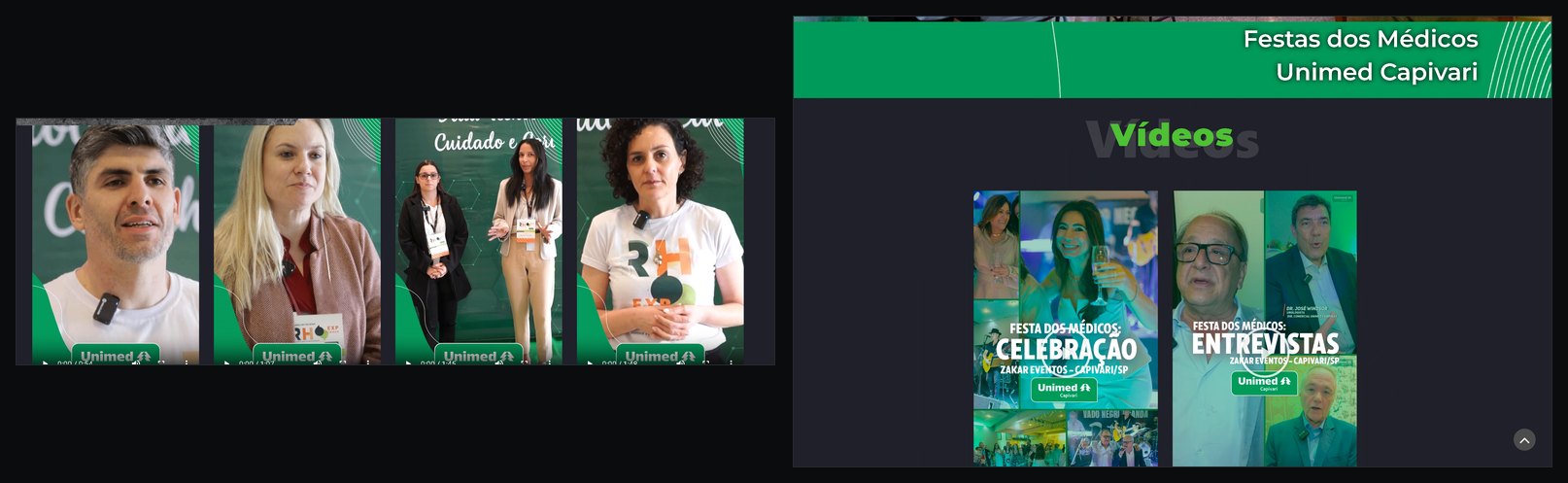 À esquerda, quatro depoimentos em vídeo em formato vertical embutidos na página; à direita, a área de vídeos de outro evento com duas capas