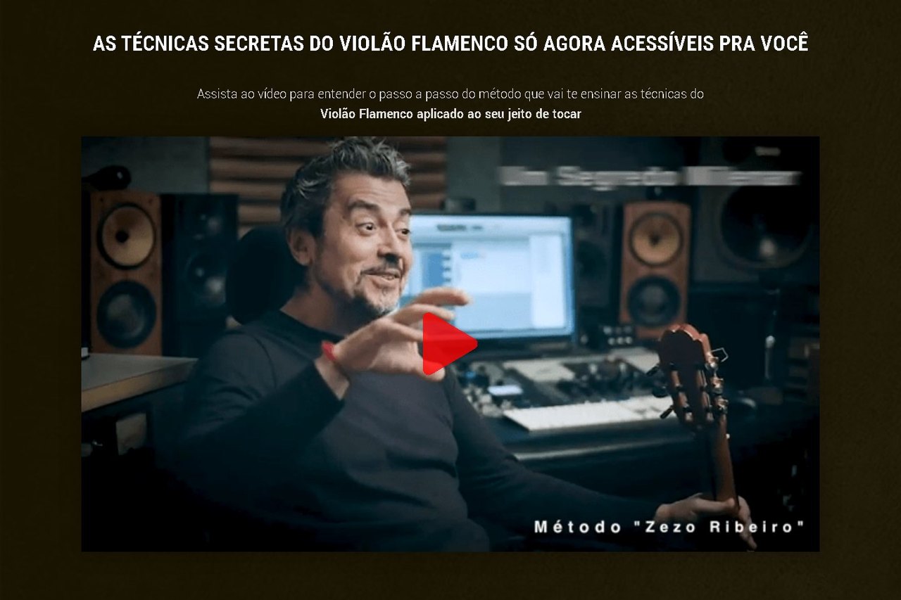 Topo da página de vendas do curso de violão flamenco, com vídeo de apresentação